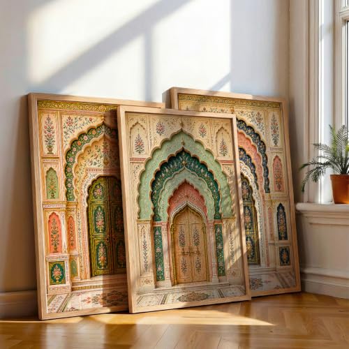 Image of NoWorries Arch Wall Art Set of 3 Framed Prints | Indian Traditional Palace Door Painting, Royal Rajasthani Architecture Poster, Vintage Floral Ethnic Wall Decor for Living Room Bedroom Home (Synthetic Engineered Wooden Frame) (MIN -3, 25x37 inches)