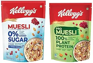 Muesli 0% Added Sugar, Breakfast Cereal, 500g Pack & Kelloggs Pro Muesli with 100% Plant Protein, 500g