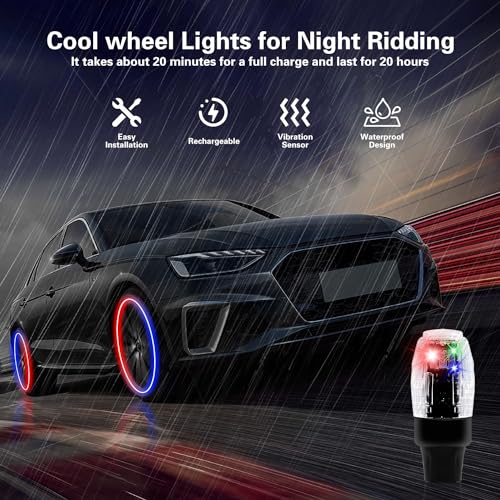 QVEVDACAR 4Pcs Tire Valve Cap Lights, Glow in The Dark LED Tire Valve Lights Waterproof Rechargeable Wheel Flashing Lamp for Car Bike Motorcycle Accessories - Image 4