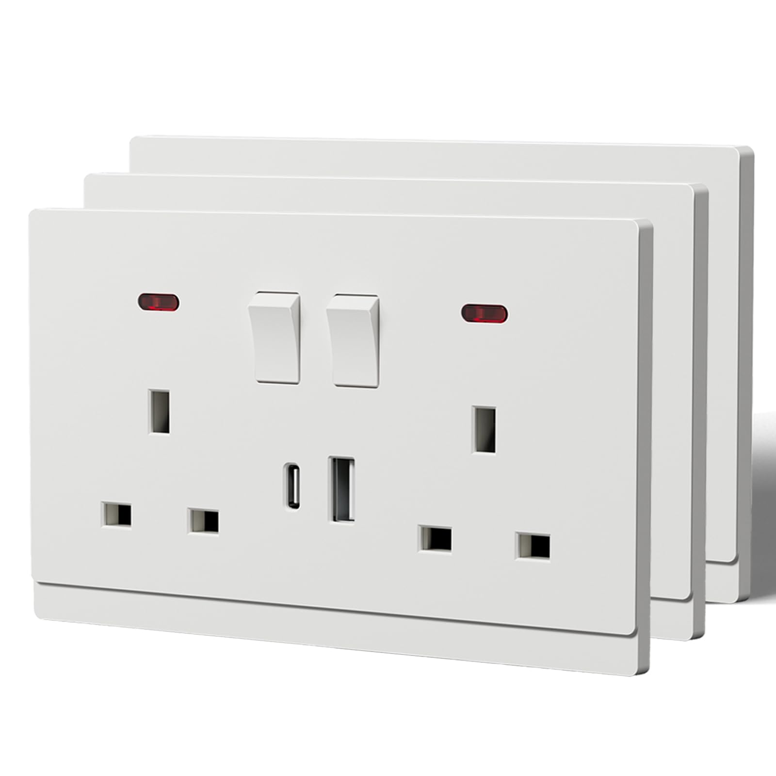 BSEED Double Socket with USB C,Tactile Finish Switched Wall Sockets,13A Electric Power Outlet,Individual Control & LED Indicator,Designer Wall Plate,Double-3 Pack,146mm White