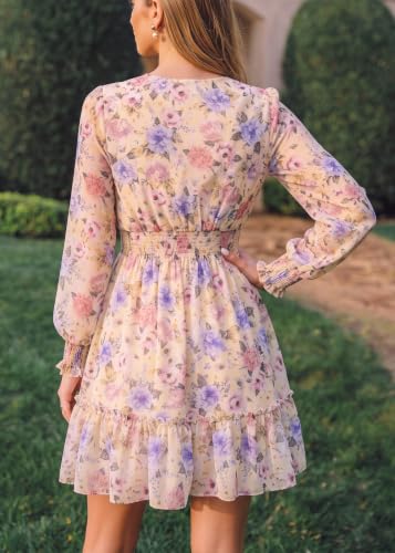 Image of Prettywear Women's Chiffon Long Sleeve Wrap Neck Wedding Guest Mini Dress | Wrap V Neck Smocked Waist Flowy Dress, Spring Fall Outfits for Cocktail, Vacation, Date Night Party
