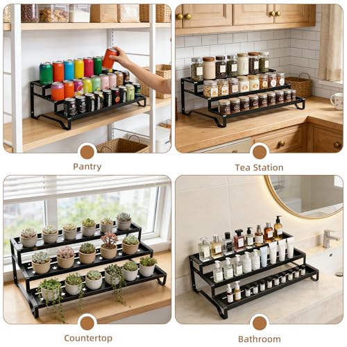 Expandable-Spice-Rack-Organizer-for-Cabinet-3-Tier-Spicy-Shelf-Black-1Pack-Adjustable-Length-13-21-Easy-to-See-Labels-Sturdy-Metal-Slip-Resistant-Guardrails-for-Jars-Cabinet-Countertop-Storage