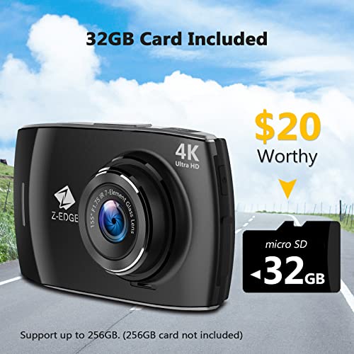 Dash Cam, Z-Edge Dual Dash Cam Front And Rear, 4K Built-In Wifi, Touch Screen Car Camera, Fhd 1080P With Night Mode, 32Gb Card Included, Wdr, G-Sensor, Loop Recording, Support 256Gb Max #TOP7