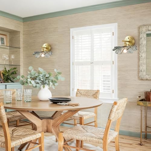 Image of Vintage Bathroom Vanity Light Set of 2 with Dark Green Flower Glass | Art Deco Wall Sconces, Gold Living Room Hallway lighting fixtures, 110V E26 Brass, Supports dimmable bulbs, Easy to install