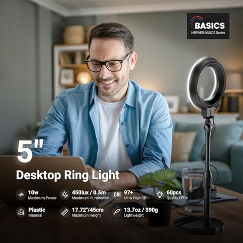 Image of NEEWER Basics 5 inch LED Desktop Ring Light with Stand, Monitor Clamp, 10W, Compatible with iPhone Desk Computer Laptop Webcam Phone for Selfie Makeup Recording Zoom Video Conference Lighting, Black BR60