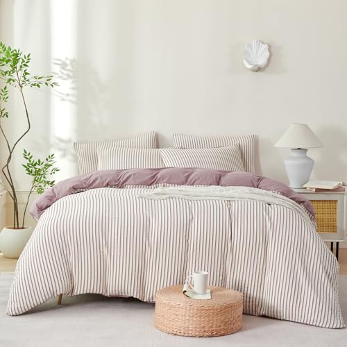 Image of Grayish Purple Striped Comforter Set Queen - 3 Pieces Bedding Comforter Set for All Season, Soft Lightweight Washed Microfiber, 1 Striped Comforter and 2 Pillowcases (Purple, Queen Size)
