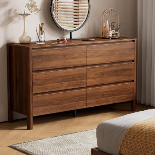 Image of Furniway Walnut 3 Piece Bedroom Set, 6 Drawer Dresser and Nightstands