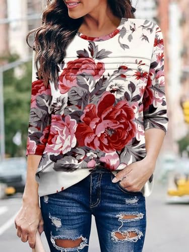 KISSMODA Women's Casual 3/4 Sleeve T-Shirts Round Neck Cute Tunic Tops Basic/Pleated Summer Tops Trendy Spring Blouses