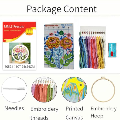 Image of Zhenqing Pink Floral Cross Stitch Kit for Beginners - 11CT 24x24cm Pre-Printed Pattern with Embroidery Hoop, Threads & Tools(70521)