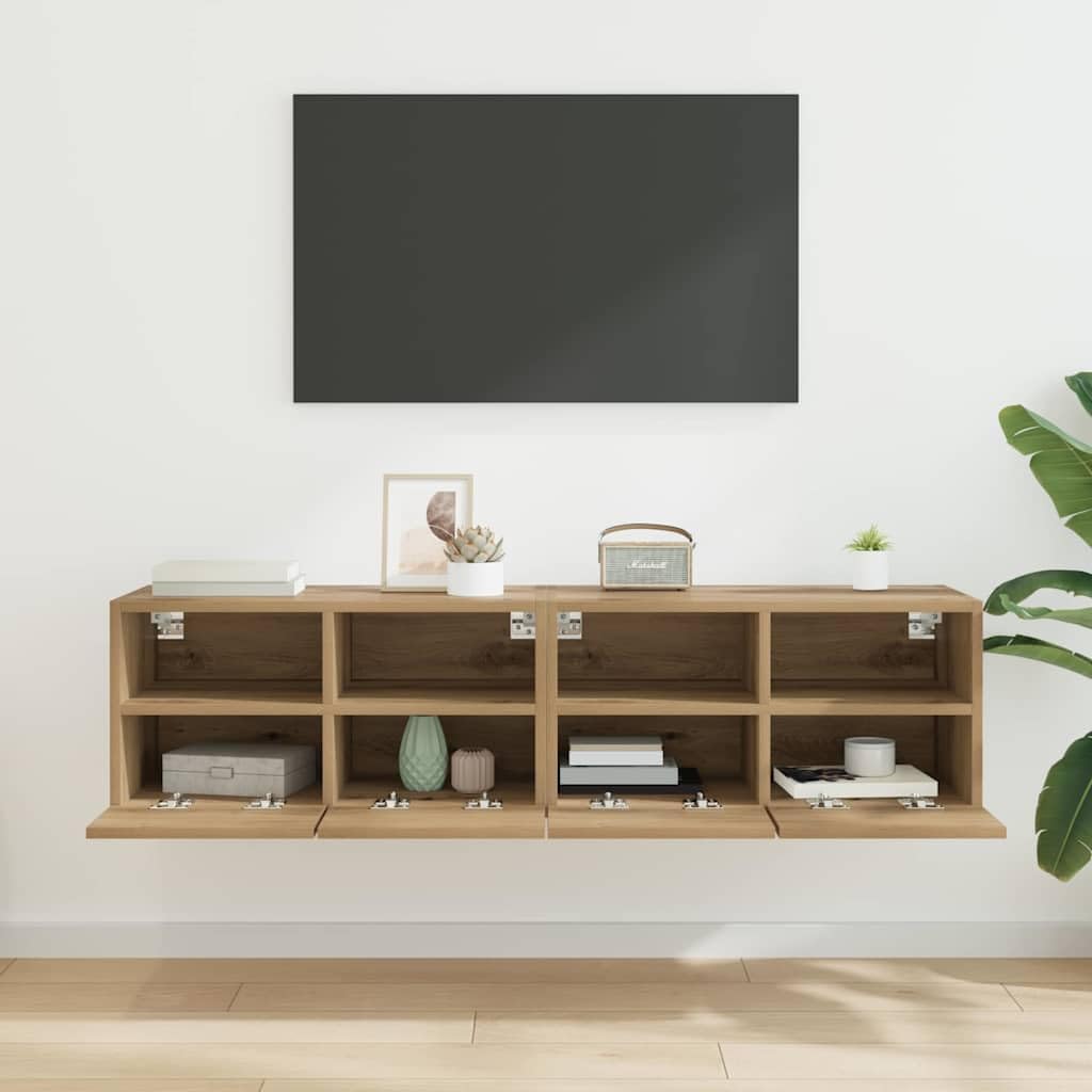 Regały ścienne pod telewizor, zestaw 2 sztuk, dąb Artisan, 60 x 30 x 30 cm, materiał drewnopochodny, pływający regał na media, zajmujący niewiele miejsca design, do salonu, sypialni
