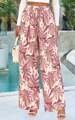 Image of PRETTYGARDEN Womens Pants Elastic Waist Floral Lightweight Palazzo Pants for Women Casual Lounge Wide Leg Pants Woman