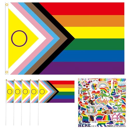 SHOWHEEL Progress Pride Flag, Regenbogen Flagge, Lgbtq Flagge, Regenbogenfahne + 50 Stück Pride Sticker, Gay Pride Flagge, Weatherproof Flag mit 2 Messingösen (150 * 90 cm)