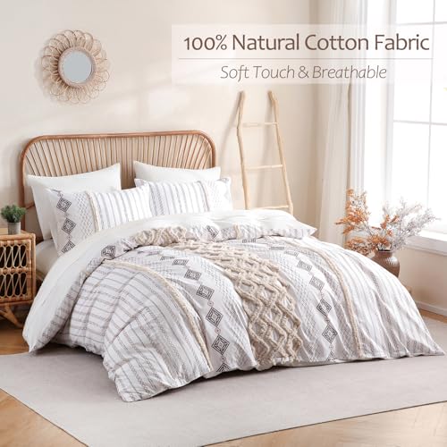 Image of MOVE OVER 100% Cotton Tufted Duvet Cover Set Queen 3 Pieces Beige Boho Chic Farmhouse Bedding Set with Zipper Closure and Ties Western Aztec Comforter Cover All Seasons