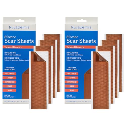 Image of NUVADERMIS Silicone Scar Sheets - Extra Long Scar Sheets for C-Section, Tummy Tuck, Keloid, and Surgical Scars - Reusable Medical Grade Silicone Scar Sheets - 2 Packs of 4 - Dark Tone
