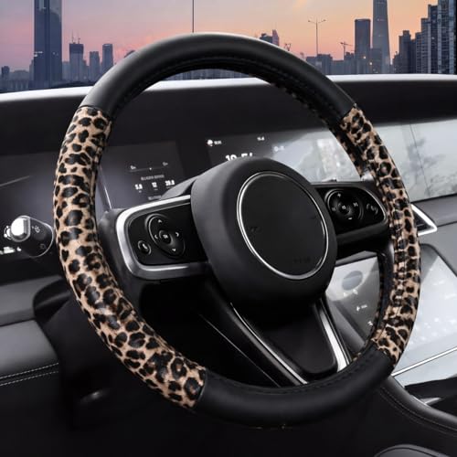 Image of AUTOFAN Leopard Print Car Seat Covers Full Set, PU Leather Interior Accessories Combo with 2 Front Seat Covers, 4 Floor Mats, Steering Wheel Cover, Seat Belt Pads & Cup Holder Coasters