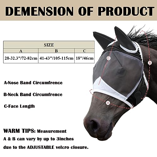 Fly Mask with Ears for Horses Soft Stretchy Mesh Horse Face Cover, Breathable Eye Protection Fly Masks UV Protective Horse Supplies (Black, L) - Thumbnail 2