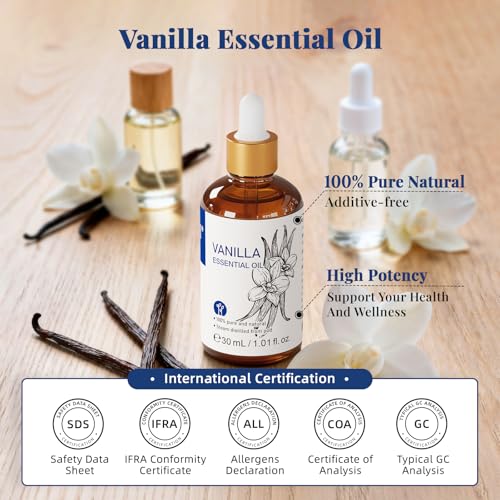 Image of HIQILI Vanilla Essential Oil, 100% Pure Natural, Beginner-Friendly for Making DIY Perfume, Candle & Soap, Blends with Lotion for Dry Skin Comfort, Ideal for Home Diffuser - 30ml /1 FL OZ