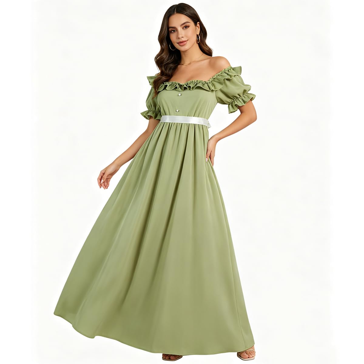 CR ROLECOS Regency Dress for Women Sage Green Empire Waist Maxi Dress Style Victorian Dress with Sash Regency Era Costume M — image 1