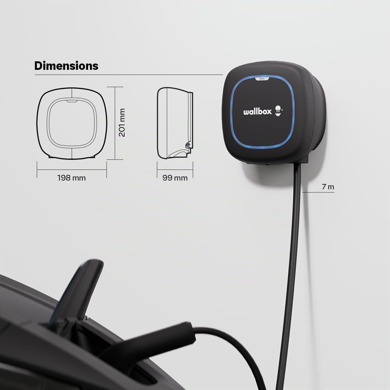 Wallbox Pulsar Max 7.4kW - Chargeur Voiture Electrique 32 A - Câble Recharge 7 Mètres - Chargeur EV Typo 2 avec WiFi et Bluetooth - Compatible avec EV/PHEV et Usage Intérieur/Extérieur - Noir