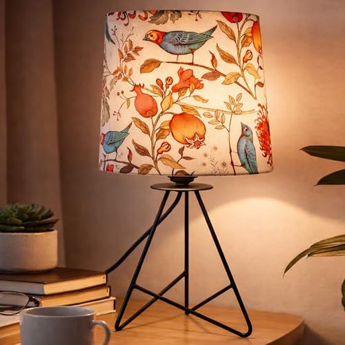 Image of Modern Black Tripod Table Lamp with Taper Fabric Shade | Metal Base Bedside Lamp for Bedroom, Living Room, Study, Office & Nightstand | Decorative Table Light (Bird)