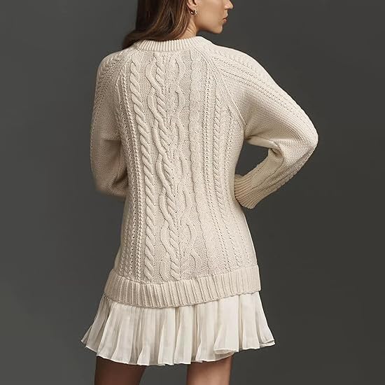 Sweater Dress with Skirt, Cableknit Sweater Dress, Crewneck Long Sleeve Pleated Mini Dress2
