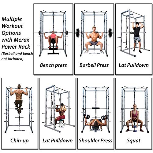 Merax Athletics Fitness Power Rack Olympic Squat Cage Home Gym with LAT Pull Attachment (Silver Power Rack)