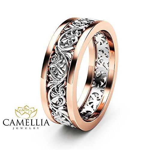 Art Nouveau Filigree Leaves Wedding Band 14K 2 Tone Gold Ring Unique Gold Wedding Band