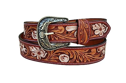 Western Genuine Leather Floral Tooled Heavy Duty Jeans Belt With Removeable Buckle 30AB103