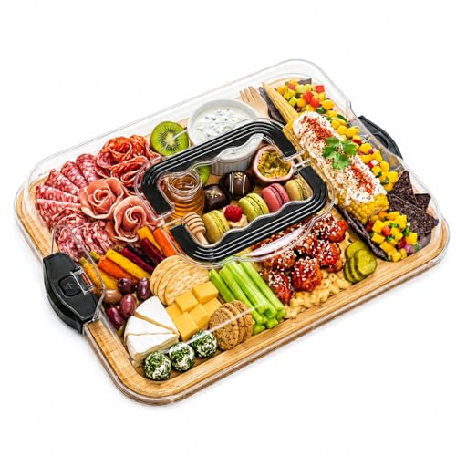 Servierplatte mit Deckel aus Bambus | Charcuterie Board Käseplatte mit 6 Fächern & Tragegriff Holzbrett für die Küche tragbare Snackplatte als Einweihungsgeschenk für Frauen und neues Zuhause
