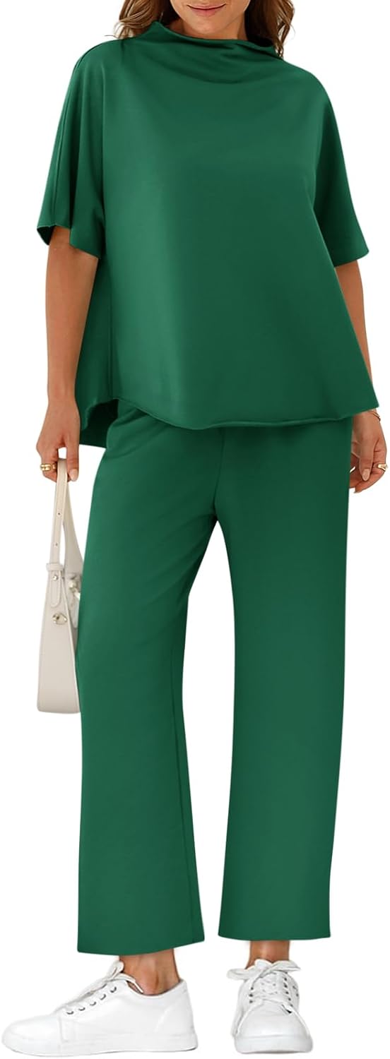 Yousify Women's Oversized Lounge Set 3/4 Batwing Sleeve Crew Neck Pullover Top Wide Leg Pants Two Piece Outfits