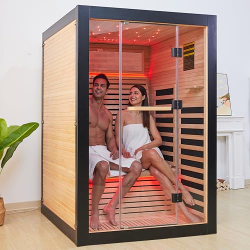RIGO 2 Person Infrared Sauna for Home - Canadian Hemlock Luxury Spa with Exclusive Star Sky Roof...