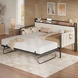 LIKIMIO Daybed with Trundle Bed, Twin XL Bed Frame with Storage Headboard and Charging Station, Sofa Day Bed with Strong Supports for Living Room, Bedroom, and Guest Room, Beige
