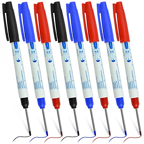 SNAGAROG 8 Pcs Marqueurs Trou Profond Marqueur Charpentier Stylo Marqueur Indélébile à Pointe Longue de 30 mm Marqueur Precision Chantier pour Bois, Metal, Bricolage Outillage (Bleu, Rouge, Noir)