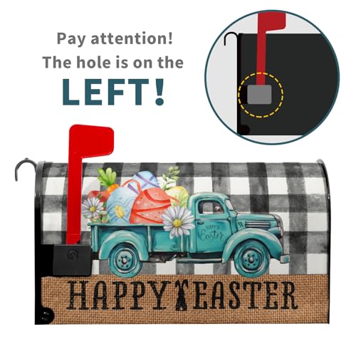 Image of Happy Easter Buffalo Plaid Truck Eggs Mailbox Cover - Standard Size 18 X 21 Inch Spring Holiday Mailbox Wrap Post Letter Box Decorative for Home Outdoor Garden