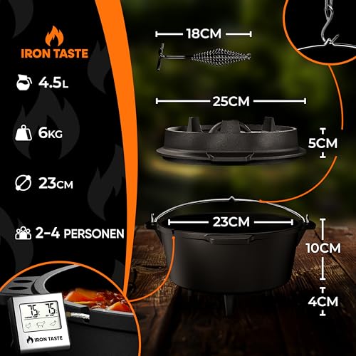IRON TASTE Dutch Oven Set 4.5L - Eingebrannter Dutch Oven 4.5 Liter - Feuertopf Gusseiserner Topf mit Füßen & mit praktischem Deckelheber [für 2-4 Personen]
