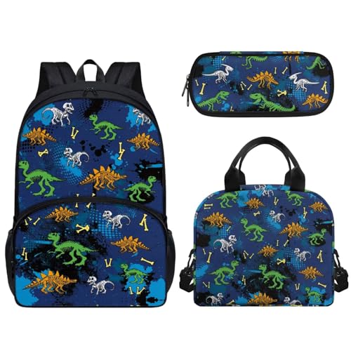 Set di 3 borse per la scuola per bambini e ragazze grande capacità con cerniera a spalla contenitore per il pranzo a tenuta stagna portapranzo Scheletro di dinosauro