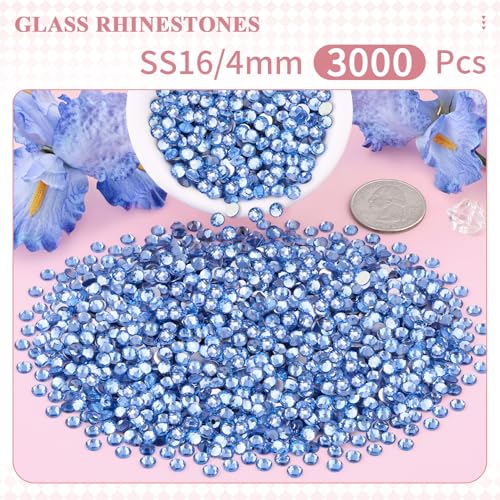 Image of 3000PCS SS16 /4mm Crystal Glass Rhinestones for Bedazzling (Light Sapphire) | Flatback Rhinestones for Crafting DIY Nail Art Makeup Decoration, Gems Diomand Charms for Tumbler Shoes Clothing Mug