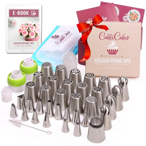 CukkiCakes Set de Douilles Russes – 61 pièces pour la décoration florale des gâteaux et cupcakes: 34 embouts de glaçage, 20 sacs à douilles jetables, 1...