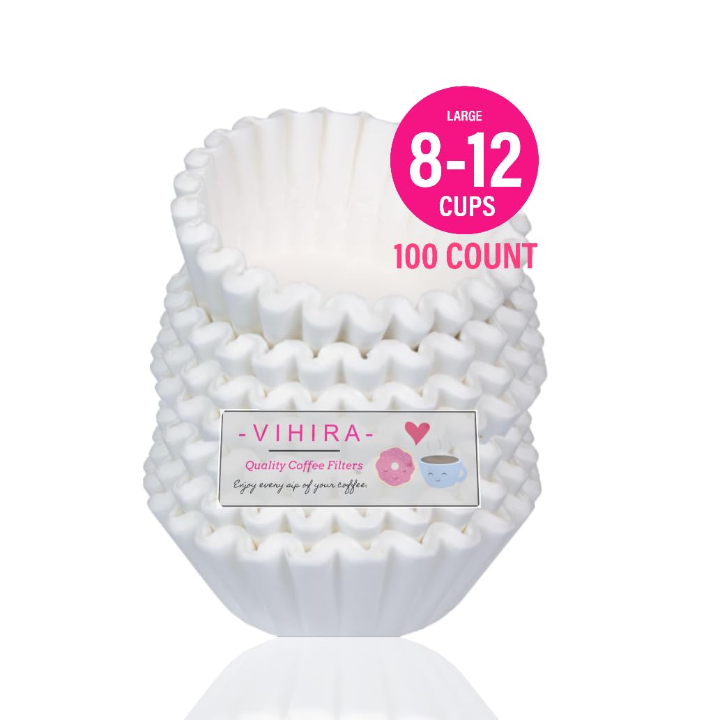 Vihira Premium Large Coffee Filter, 8-12 Cups, 100 Count, White Basket Coffee Filters, 100% Natural, Absorbs Oil, Lint Free (100)