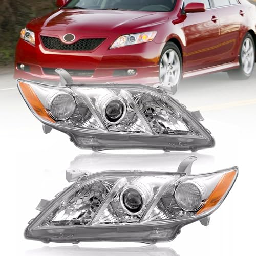 Kspeed Headlights Assembly Compatible with 2007-2009 Toyota Camry Headlamp Chrome Housing with Amber Reflector Driver and Passenger Side ABS Plastic