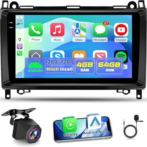 4+64G Radio para Coche para Mercedes Benz A/B/V-Klasse W169 B200 W639 Vito Viano Sprinter con Carplay y Android Auto - Pantalla incell de 9 Pulgadas Compatible con WiFi GPS + Cámara de Marcha atrás