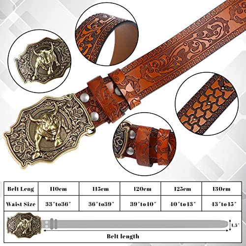 Western Cowboy Genuine Leather Belt with Longhorn Bull Buckle and Floral Embossing3