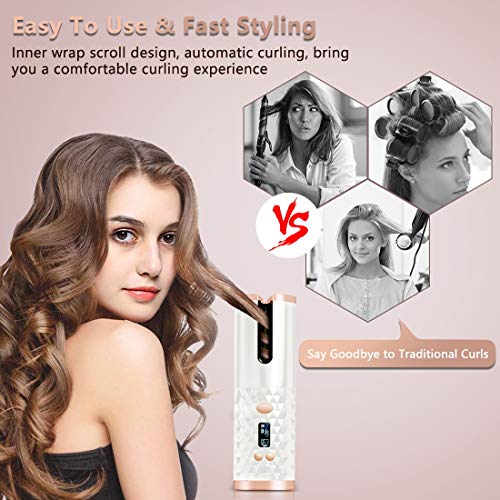 Cordless Automatic Hair Curler-KFF Portable Electric Wand Curling Iron-Recharger Auto Crimper Hair Waver with LCD, 6 Temperature & Timer Settings, Auto Shut-Off Hair Styling Tools for Women