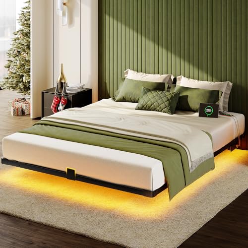 MORICAD Full Size Bed Frame, Floating Bed Frame with LED Lights & Charging Station, Modern Metal...