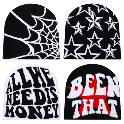 Image of Ramede 4 Pcs Y2k Beanie - Double Sided Graphic Beanies for Men and Women, Acrylic Knitted Y2k Hats Accessories