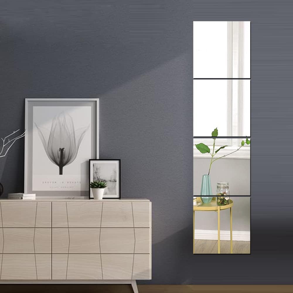 Full Length Floor Wall-Mounted Mirrors, 4pcs 12"x12" Acrylic Plexiglass Body Frameless Wardrobe Door Large Long Home Workout Gym Mirror Dorm Tile Self Adhesive