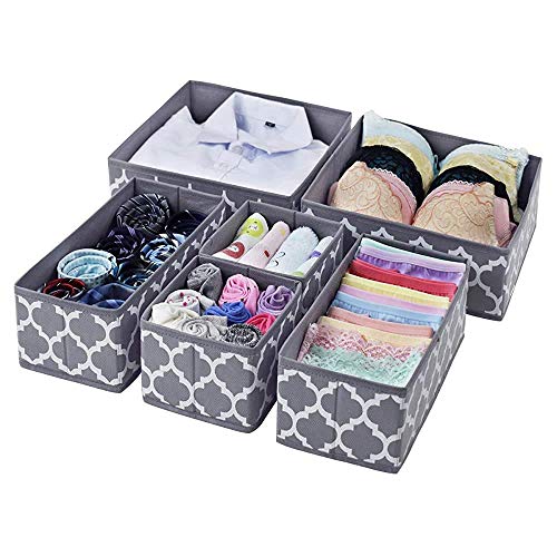 Image of Foldable Set of 6 Cloth Storage Box Closet Dresser Drawer Organizer Cube Basket Bins Containers Divider with Drawers for Underwear, Bras, Socks, Ties, Scarves (Set of 6 - Grey Lantern)