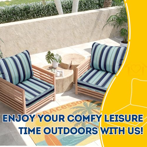 Image of AAAAAcessories Outdoor Seat Cushions for Chairs, Fade-Resistant, Waterproof Patio Furniture Replacement Cushions, 25.5 inch x 25.5 inch x 5 inch + 25.5 inch x 19 inch, Set of 2, Ash Teal Seaside Stripe