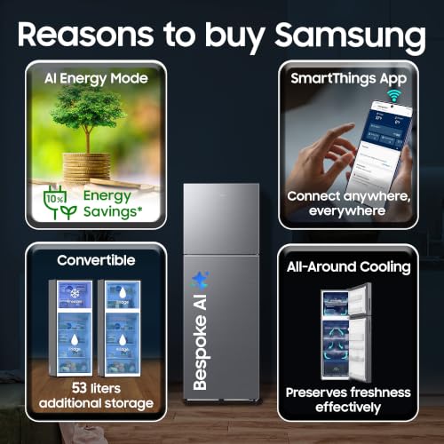 Image of Samsung 256 L, 3 Star, Bespoke AI, Convertible, Digital Inverter Frost Free Double Door Refrigerator (RT80H30U3THL, Silver, Refined Inox, 2026 Model)