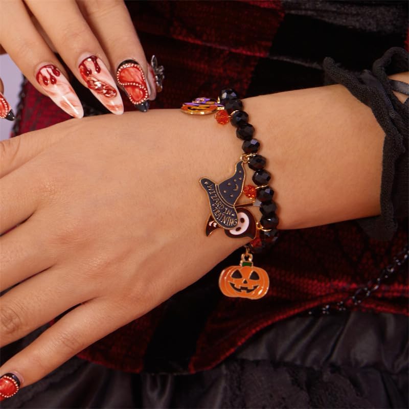 Halloween Enamel Pumpkin Bracelet Crystal Beads Witchy Hat Skull Jewelry Festival Charms for Women Statement Accessories Gifts - Image 2